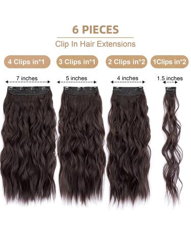 Flvaco 20 Inch Dark Brown Synthetic Clip In Hair Extensions - 6PCS Long Wavy Hairpieces for Women | Thick Double Weft Full Head Extensions (230G) - Buy Online on GoSupps.com