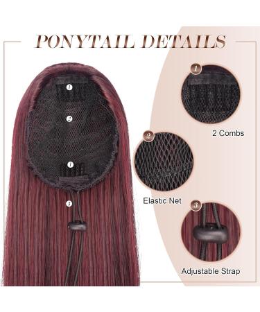 Feshfen 70cm Ponytail Extensions - Black & Burgundy Drawstring Hair Extensions for Women | Long Straight Braid Synthetic Hair - Buy Online on GoSupps.com