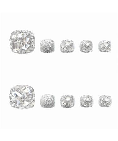 24pcs Silver Glitter Acrylic Fake Toenails Set with Diamond Designs - Women & Girls - Buy Online on GoSupps.com