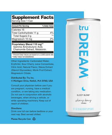 Tru Dream Sparkling Water Sleep Blend Calm Drink with Melatonin, GABA, 5HTP - Cherry Berry Flavor 12oz (12 Pack) - Buy Online on GoSupps.com