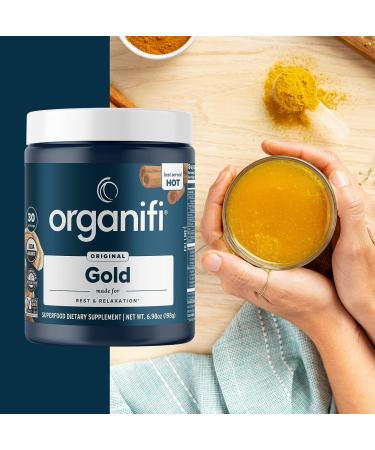 Organifi Gold Superfood Supplement Powder - 30 Servings - Stress Support, Better Rest, Relaxation, and Sleep - Turmeric and Reishi Infused - 6.98oz - Buy Online on GoSupps.com