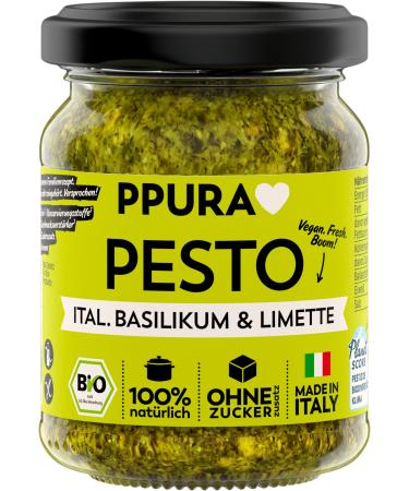 Ppura Bio Pesto Ital.Basil and lime |Green pesto vegan with basil lime cashew & nat.Olive oil extra |Vegan noodle sauce made in Italy |100% of course without additives |120g glass
