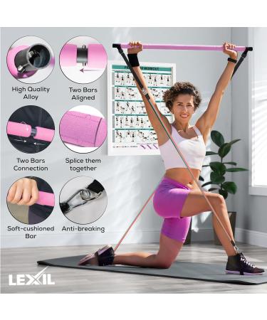 Lexil Portable Pilates Bar Exercise Set - Stackable with 3 Resistance Bands (15 20 13.6 kg) - Home Fitness Device for Men & Women | Body Toning Workout Set with Fitness Video - Pink - Buy Online on GoSupps.com