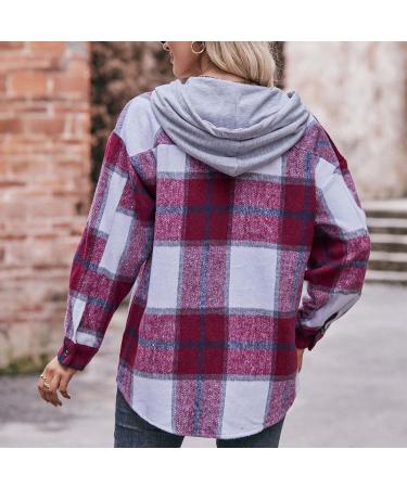 Plaid Hooded Shacket Womens Long Sleeve Plaid Hooded Shirts Flannel Button Down Shacket Drawstring Plaid Jacket Wine#55 Large - Buy Online on GoSupps.com