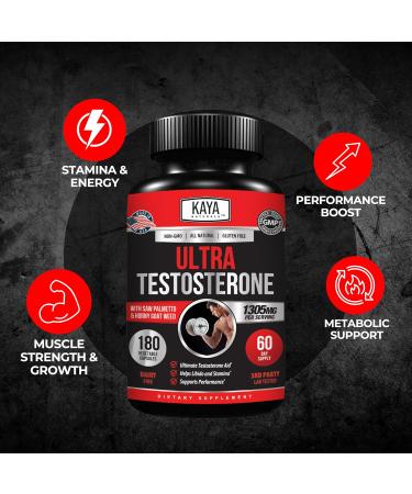 Kaya Naturals UltraTest- Men's T Booster with Tongkat Ali Horny Goat Weed Tribulus - Natural Workout Supplement for Energy Stamina and Strength Booster - 180 Count 180 Count (Pack of 1) - Buy Online on GoSupps.com