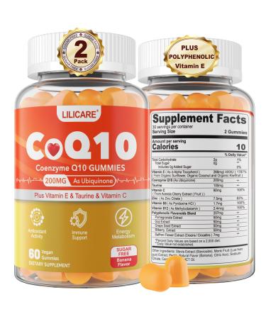 CoQ10 200mg Gummies Coenzyme Q10 w/Taurine Vitamin E Vitamin C B6 B12 Zinc Vegan Polyphenolic Flavonoids for Antioxidant Hear-t Cellular Energy Immune Brain Health Sugar-Free 120 C