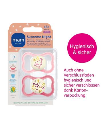 Mam Supreme Night Schnuller 2 Set | Bright Baby Pacifiers for Healthy Dental Development | Prevents Skin Irritation | Includes Pacifier Box | 16+ Months Hedgehog/Universe Bird - Buy Online on GoSupps.com