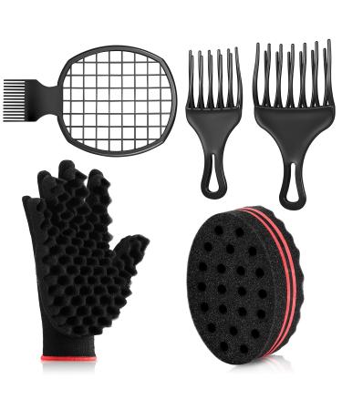 5 Pieces Afro Twist Hair Comb Set Includes Hair Twist Comb Hair Pick Afro Comb Hair Pick Comb Hair Curly Sponge Glove and Twist Wave Barber Tool Twist Wave Curl Brush for Natural Hair (Red Black)