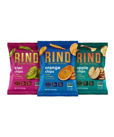 RIND Snacks Unsweetened Dried Fruit Chips Variety Pack with Apple, Orange, Kiwi, No Added SugarHigh Fiber, Vegan, Paleo, Healthy Snacks Non-GMO, 3.0 oz Pack of 3