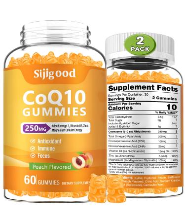 2 Pack CoQ10 Gummies, Plus Omega-3, Vitamin B3 and Zinc, Magnesium, 5X High Absorption Coenzyme Q10 Supplements, q10 for Boost Cellular Energy, Potent Antioxidant & Brain, Peach Flavor, 120 Cts Peach 60 Count (Pack of 2)