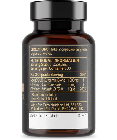 Liquid Curcumin - 60 Capsules - 185x Turmeric or Curcumin Tablet Bioavailability - Liquid Turmeric Capsules with 1000mg Genuine NovaSOL (Curcumin Liquid) per Serving - 30 Daily Servings 60 Count (Pack of 1) - Buy Online on GoSupps.com
