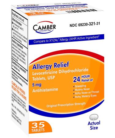 Camber Consumer Care Levocetirizine Dihydrochloride 5mg Antihistamine Tablets Generic Xyzal Allergy 24 Hour Allergy Relief Medicine (35 Count)