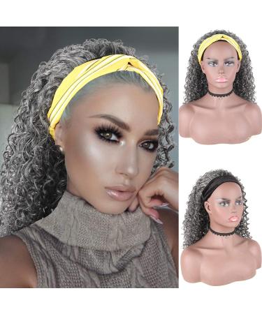 Curly Wave Loose Wave Headband Wigs with Headbands Attached Half Wigs for Black Women Cute Dark Gray Wig,CINHOO Afro Kinky Curly Black Hair Wig Synthetic Headband Wigs for Black Women(Grey) Grey 15 Inch (Pack of 1)