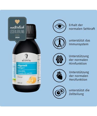 Dr. Budwig Omega 3 Algae Oil Vegan 100ml - High DHA & EPA Vitamin D3 & K2 Omega 3 for Kids - Natural Algae Oil Supplement - Buy Online on GoSupps.com