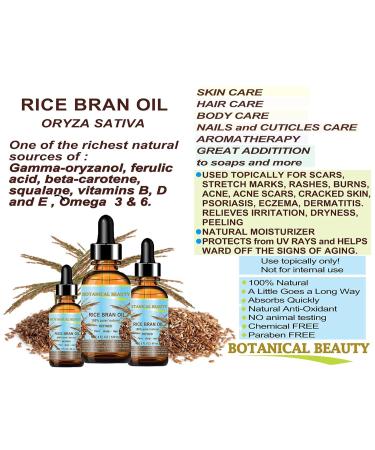 Botanical Beauty RICE BRAN OIL 100% Pure Natural Refined Undiluted Cold Pressed Carrier Oil for Face Skin Body Hair Massage Nails. 1 Fl. oz - 30 ml - Buy Online on GoSupps.com