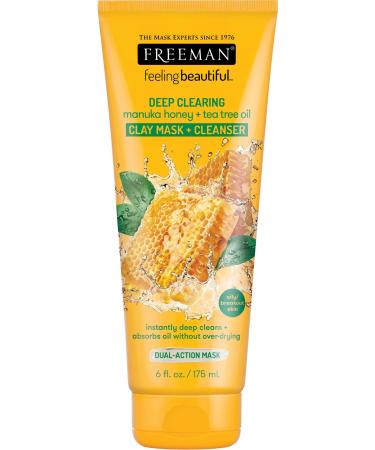 FREEMAN Deep Clearing Manuka Honey & Tea Tree Oil Clay Mask + Cleanser  Healing and Skin Purifying Beauty Face Mask  6 fl oz tube/175 mL Manuka Honey and Tea Tree