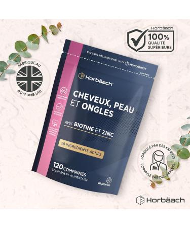 Cheveux Ongles Peau | 28 nutriments avec de la biotine du zinc du fer un complexe de vitamines B et bien plus encore ! | 120 Comprim s | Horbaach - Buy Online on GoSupps.com
