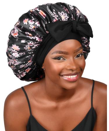 YANIBEST Silk Bonnet for Sleeping Satin Bonnet Hair Bonnets for Black Women Double Layer Sleep Cap with Tie Band for Curly Natural Hair Large Black Floral