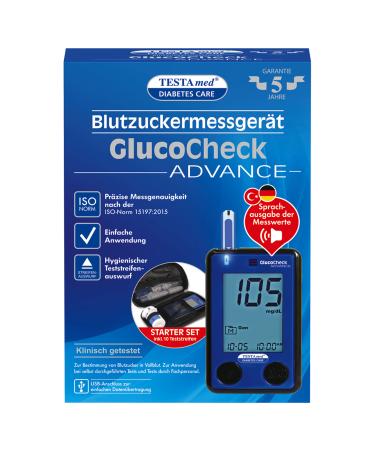Testamed Glucocheck Advance blood sugar measuring device simple fast and safe measure blood sugar including test strips and lancet device optional voice output low follow -up costs - Buy Online on GoSupps.com