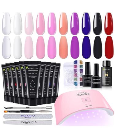 Poly Nail Gel Kit 10 Colors Nude Clear Pink Poly Nail Extension Builder Gel Set with UV Lamp Base Top Coat Slip Solution Quick Enhancet Full Set for Women Gifts White Pink Nude