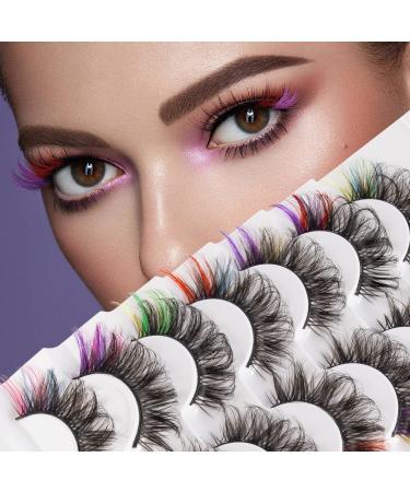 7 Pairs Colored False Eyelashes 5D False Lashes Dramatic Strip Lashes Natural Fluffy Wispy Faux Mink Eye Lashes Thick Volume Fake Eyelashes for Party Cosplay Costumes Fake Eyelashes (Mix color)