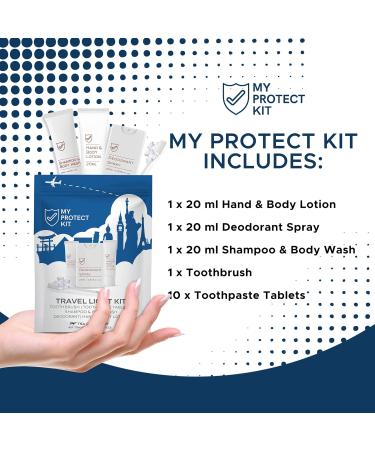 TSA Approved Travel Essentials Kit for Men & Women - Hygiene Set with Lotion Deodorant Shampoo Toothbrush & Toothpaste Tablets | My Protect Kit - Buy Online on GoSupps.com