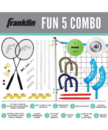 Franklin Sports Fun 5 Combo Outdoor Game Set - Backyard  Beach + Camping Games for Kids - Badminton  Volleyball  Flip Toss  Flying Disc - Horseshoes or Ring Toss Combo Set with Horseshoes - Buy Online on GoSupps.com