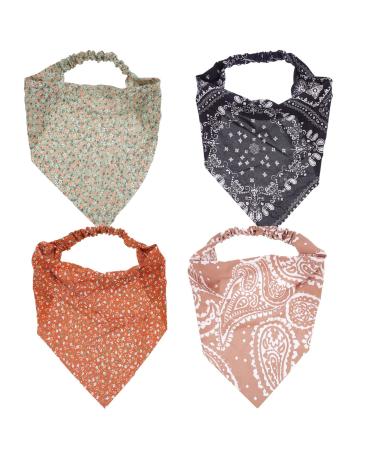 Floral Elastic Hair Bandanas Scarf: 4pcs Decorative Boho Printed Turban Hair Scarves Headband Kerchief Women Simple Hair Bands Elastic Head Wrap Decors for Women Girls Hair Accessories