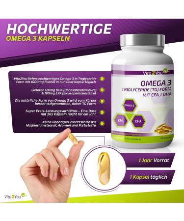  Vita2You Vita2You Omega 3 Capsules 1000mg - Triglyceride Form - With EPA & DHA - 365 Soft Gel Capsules - Fish Oil - Annual Packaging - Premium Quality - Buy Online on GoSupps.com