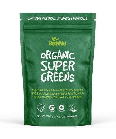 BodyMe Organic Vegetable Greens Powder | 270g | Super Greens Blend | With Wheatgrass Moringa Spirulina Chlorella Matcha Inulin Prebiotic Mango Turmeric Red Beetroot Ashwagandha