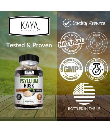 Kaya Naturals Psyllium Husk Capsules - 60 Count | High Fiber Supplement | Digestive Health & Regularity | Gluten-Free Non-GMO 60 Count (Pack of 1) - Buy Online on GoSupps.com