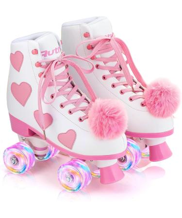 Ruthfot Women's Classic Roller Skates | Light up Wheels, Love Heart Pattern | High-top PU Leather | White - Size 6 - Buy Online on GoSupps.com