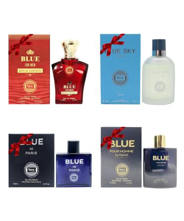 Hybrid & Company Men's 4 Pcs Fresh Sweet Strength Scent Eau De Toilette Perfume BLUE DE PARIS BLUE FOR MEN BLU POUR HOMME Blue Sky 3.4 Fl Oz (Pack of 4)