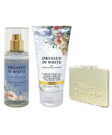 Bath & Body Works Dressed In White - Fine Fragrance Mist And Ultimate Hydration Body Cream with Natural Oats Soap Sample - Travel size