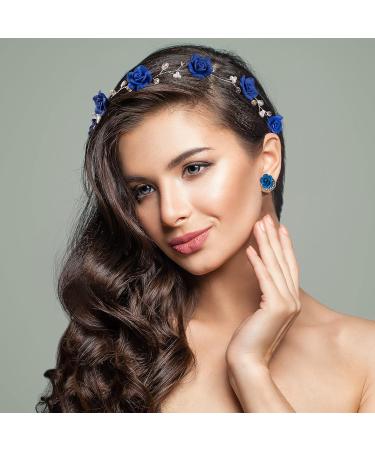 OIIKI Crystal Navy Blue Flower Crown Bridal Headband with Earring - Wedding Hairpiece for Women and Girls - Buy Online on GoSupps.com