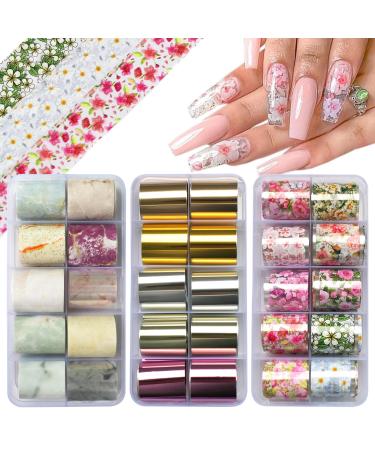 LoveOurHome 30 Sheet Metallic Nail Foils Sticker Marble Transfer Nail Foil Sticker Decals Flower Transfer Foil Stickers Wrap Gold Silver Foil Wraps Acrylic Nail Supplies for Crafts Nails Design Metallic & Flower
