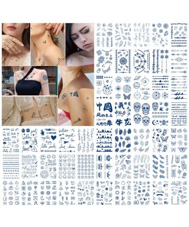 DHAHBHC Semi-permanent Small Hands Temporary Tattoos 50 Sheets 600 Patterns Blue simulation effect Color gradually deepens 2 weeks Lasting Emoji Text Building Jewelry Symbol Plant Insect Flower body stickers