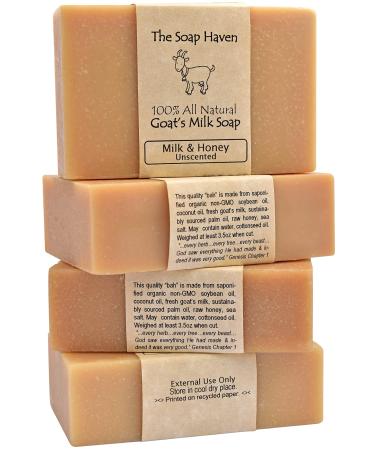 4 Goat Milk Soap Bars with Honey - Handmade in USA. All Natural Soap - Unscented  Fragrance Free  Fresh Goats Milk. Wonderful for Sensitive Skin and Babies. SLS  Paraben  GMO-Free.