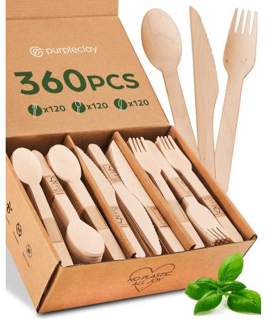 Wooden Compostable Utensils Set - 360 Pieces (120 Forks 120 Spoons 120 Knives) Sturdy Wood Disposable Cutlery - Eco-Friendly Biodegradable Utensils for Party - Free From Plastic Cutlery Set for Eating