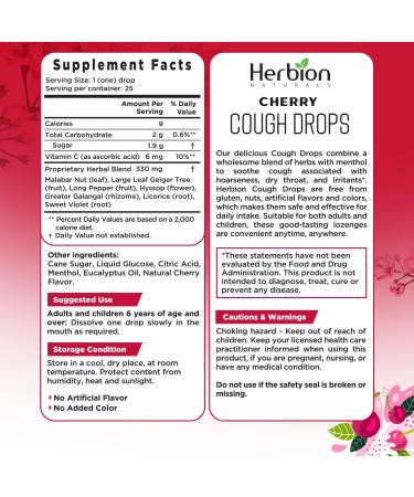 Herbion Naturals Cough Drops with Cherry Flavor Soothes Sore Throat and Dry Mouth for Adults Children 6 and Above 25Ct Pouch - Buy Online on GoSupps.com