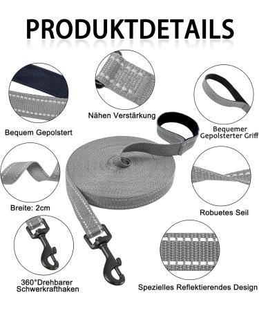 Demigreat Reflective Dog Leash - 3m/5m/10m/15m/20m Robust Training Line with Padded Handle for All Dog Sizes - 50ft Gray - Buy Online on GoSupps.com