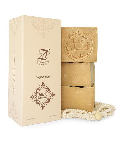 Zaman Sense Aleppo Premium Soap Set of 3 100% Olive Oil Soap with Soap Pouches Handmade and Natural Ripened Fragrance-Free Vegan Free No Additives Natural Soap for the