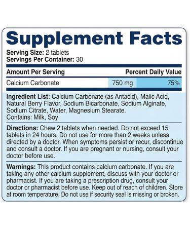 Antacid Tablets Chewable 750 mg Calcium Carbonate Extra Strength Wild Berry Flavor 60 Count Antacid Pills - Buy Online on GoSupps.com
