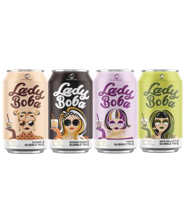 (Pack of 4) Lady Boba 4 Cans. Milk Bubble Tea with Boba Pearls in a Can (10.7oz/can) with Saltation Thank You Card. Choose One from Variety of Flavors: Assorted, Classic, Brown Sugar, Taro, Matcha Latte. Ready To Drink Beverage. (Assorted)