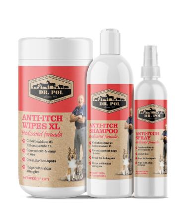 Dr. Pol Anti Itch System - Ketoconazole Shampoo for Dogs & Cats - Pet Wipes for Itch, Allergy, & Wound Care - Cat & Dog Anti Itch Spray - Pet Allergy & Itch Relief Bundle - 3 pc, White