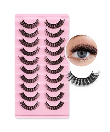 Natural False Eyelashes Wispy Fluffy Cat Eye Lashes Pack 10 Pairs D Curl Lash Strips Faux Mink Fake Eyelash Extensions Cat Eye 3D Eyelash