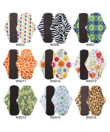 9 pcs Reusable Sanitary Menstrual Pads Panty Liner Women Washable Organic Bamboo Napkin Charcoal Absorbent Layer Super Absorb for Heavy Flow Leakproof Overnight Protects (M 9.84*7.09)
