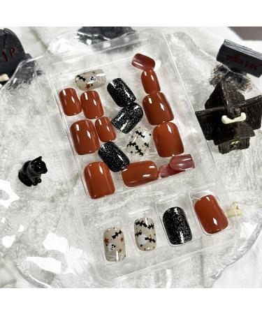 24Pcs Halloween Press on Nails - Short Square Glitter Design Skull Acrylic Full Cover Fake Nails for Women - Cute & Glossy Halloween Stick on Nails - Buy Online on GoSupps.com