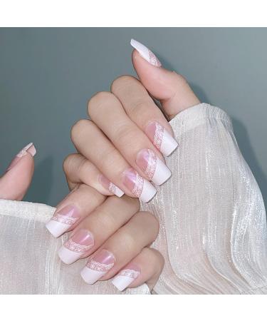 MENILITHS French Pink Lace Long False Nails Sticker False Nails Acrylic Fake Nails Full Cover Nails Tips Artificial Finger Manicure for Women and Girls - Buy Online on GoSupps.com