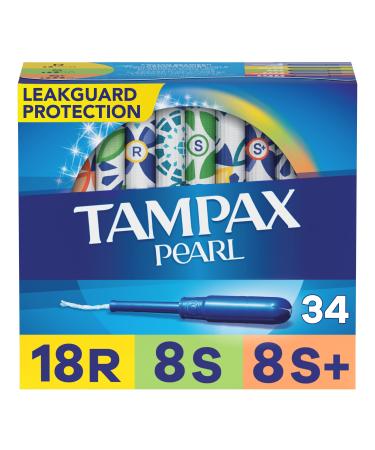 Tampax Pearl Tampons Multipack, Regular/Super/Super Plus Absorbency, With Leakguard Braid, Unscented, 34 Count X 6 Packs (204 Count Total) Light/Regular/Super Multipack 34 Count (Pack of 6)